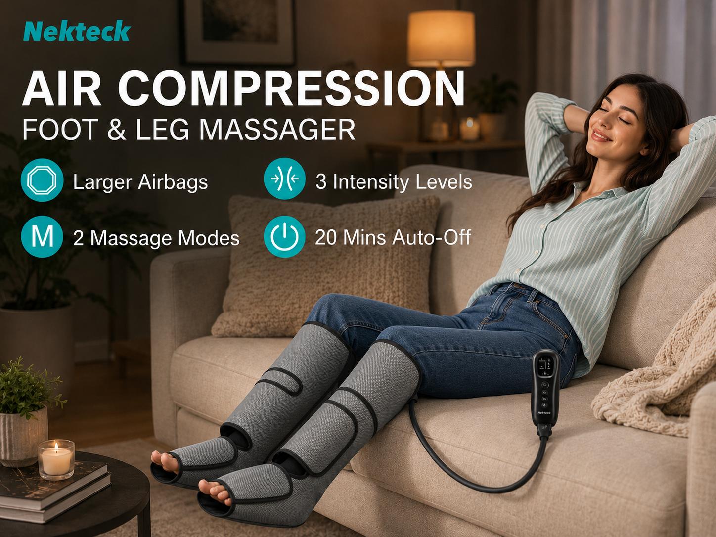 Nekteck Air Compression Leg Massager with 3 Massage Levels & Auto Shut Off Feature for Foot and Calf Comfort and Relaxation