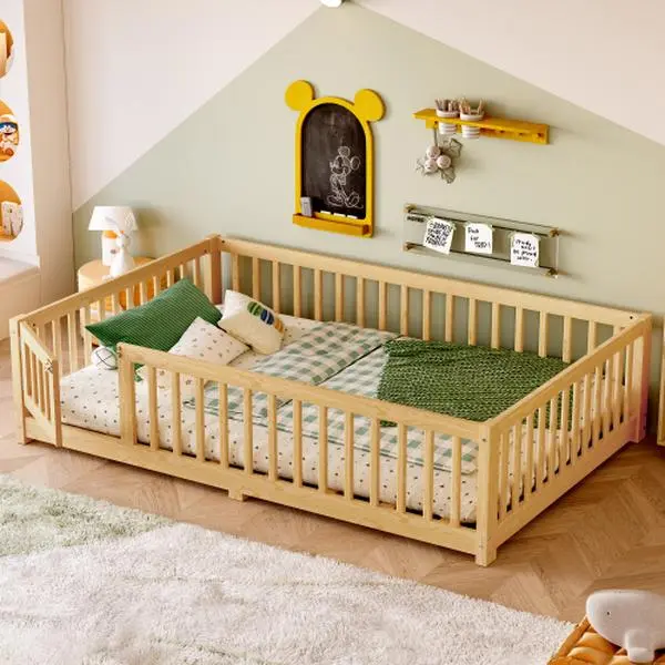 【Bellemave】Twin/Full/Queen Size Bed Floor Bed with Safety Guardrails and Door(Mattress not included) Toddler Beds Floorbed