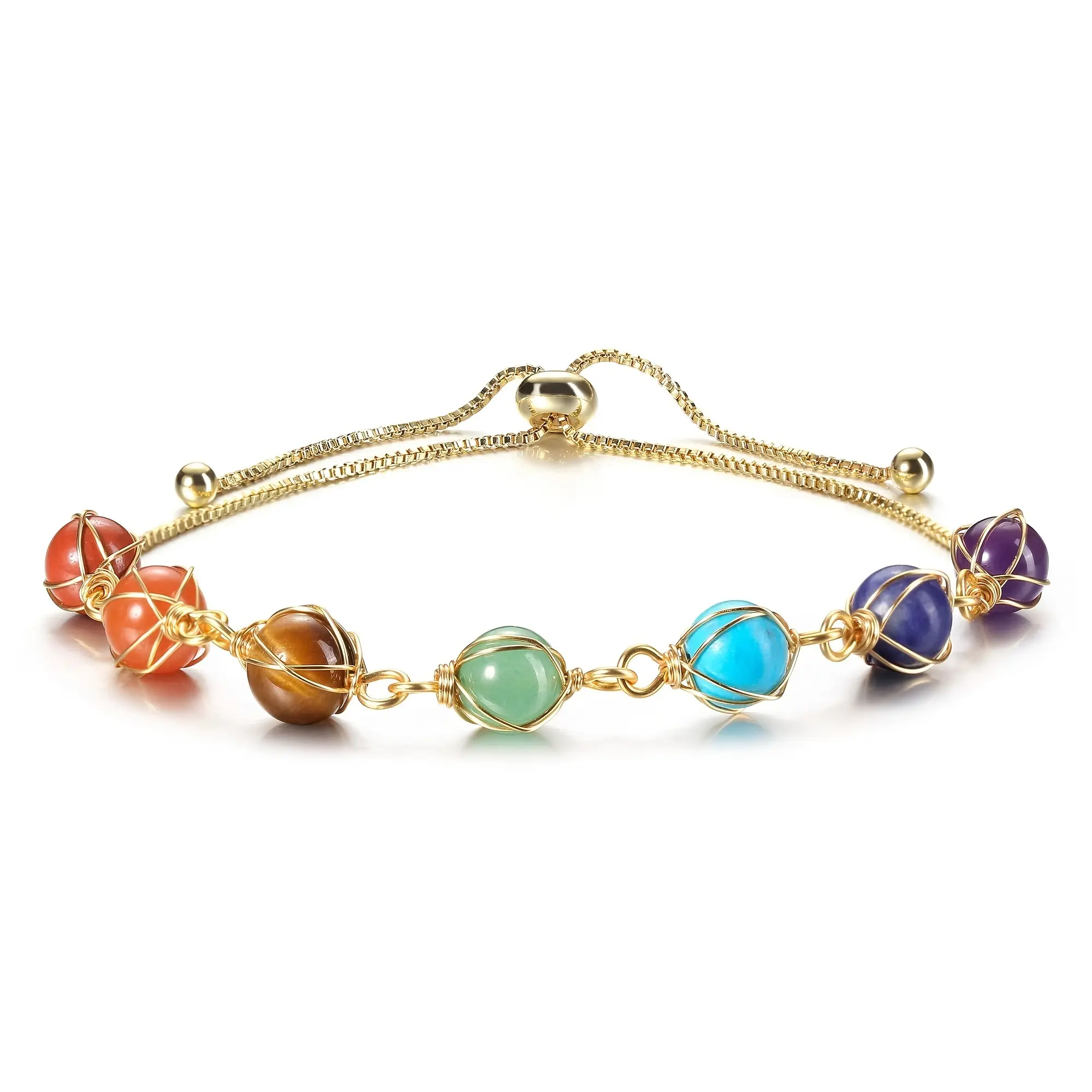 Wire-Wrapped 7 Chakra Healing Crystals Bracelet for Women - Adjustable Reiki Energy Jewelry for Therapy & Stress Relief, Converts to Anklet, Wire Wrapped Jewelry