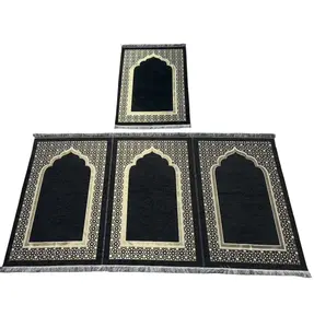 Wide 3 Person with Imam Spot Masjid Islamic Prayer Rug - Chenille Embroidered Selcuk Star - Black