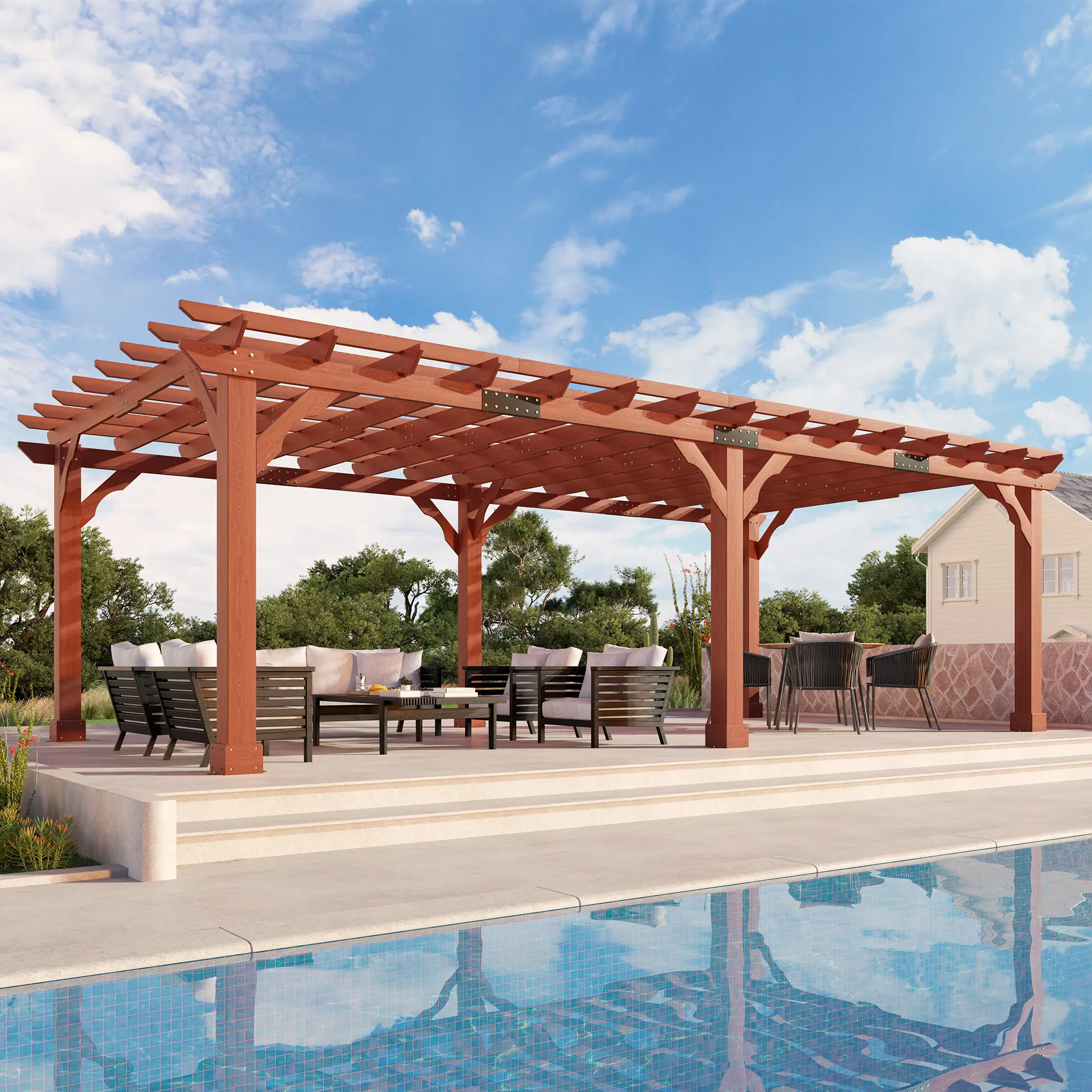 [Ships in 5 Boxes] AMERLIFE Premium Cedar Wood Pergola with Trellis Roof & Weather-Resistant Support, Outdoor Pergola Kit with Stakes, Garden Gazebo for Patio, Backyard & Events, Reddish-Brown