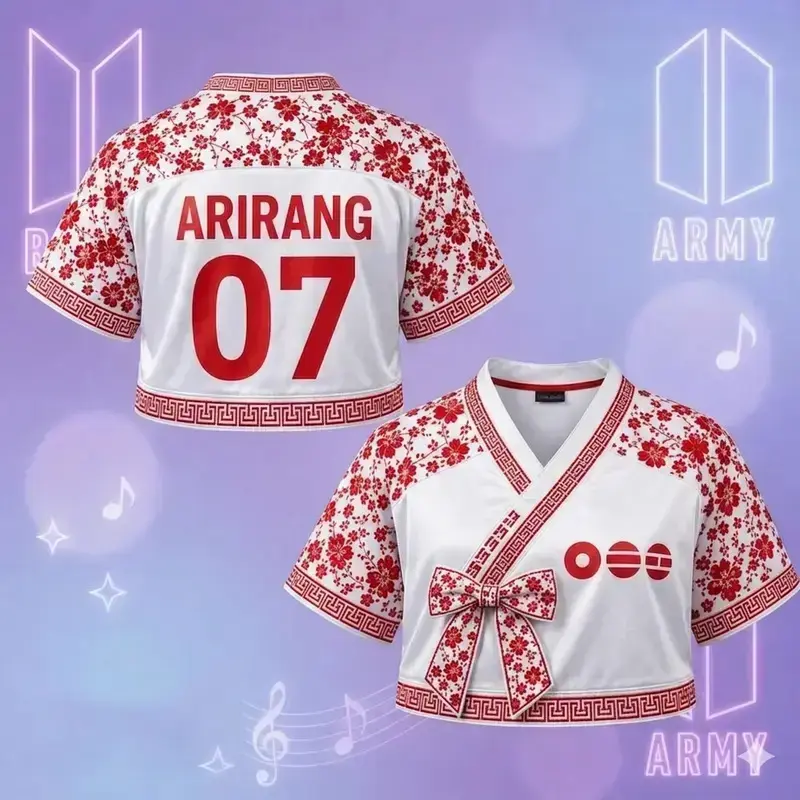 Modern Hanbok Style Crop Top Jersey - Korean Floral V-Neck Concert Outfit, Arirang 07 Fan Merch World Tour Mesh Blouse, Black Asian Streetwear Shirt