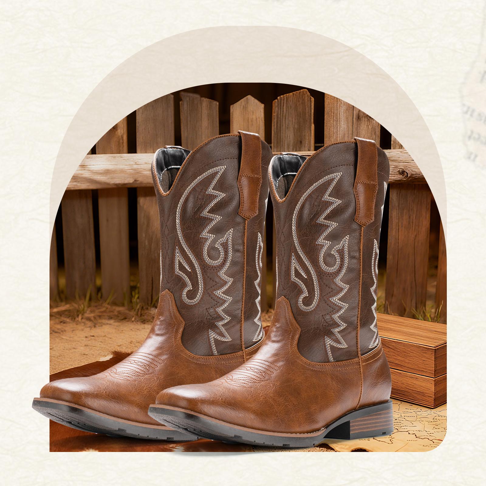 Cowboy Boots For Men with Wide Square Toe Western Retro Boot Durable Classic Fashionable Embroidered Pull On Slip Resistant Boots