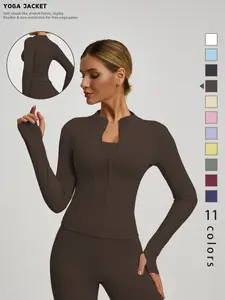 High-end solid-color slim-fit sporty jacket, high-elasticity comfortable yoga long-sleeve outerwear, quick-drying sports top suitable for daily wear and gym training!