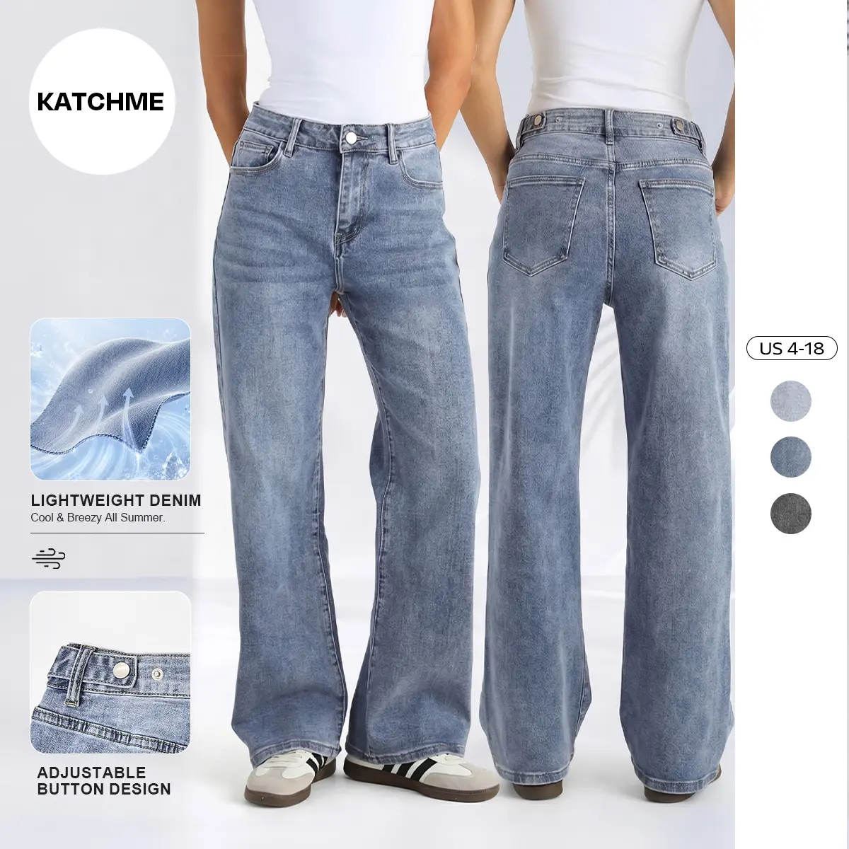 Katch Me Chic Women's High Waist Multi-Pocket Adjustable Button Wide Leg Jeans, Stretchy Soft Pants, Durable Denim Trousers for Daily Wear, Simple Style Wrinkle-Resistant Bottom, Casual Streetwear