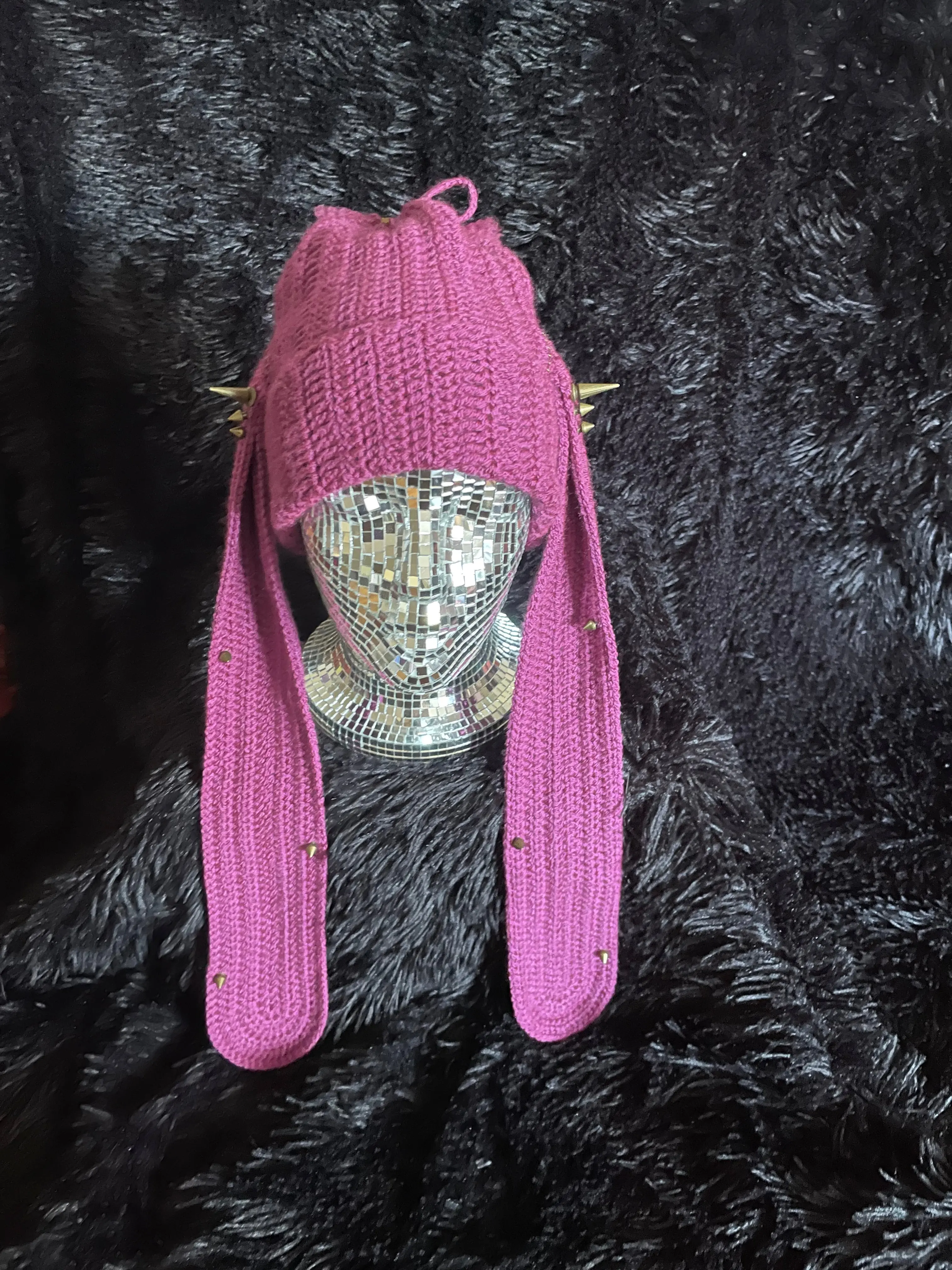 Battle Bunny Hat - Handmade Crochet with Spikes and Ponytail Portal - Purple