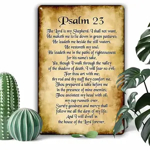 1PC Vintage Metal Tin Decorative Sign Plaque, Psalm 23 The Lord Is My Shepherd I Shall Not Want He Maketh Me To Lie Down In Green Pastures Wall Mounted 2D Flat Sign 8 X 12 Inch, Home Porch Study Bedroom Living Room Dining Room Office Cafe Bar Wall Decor
