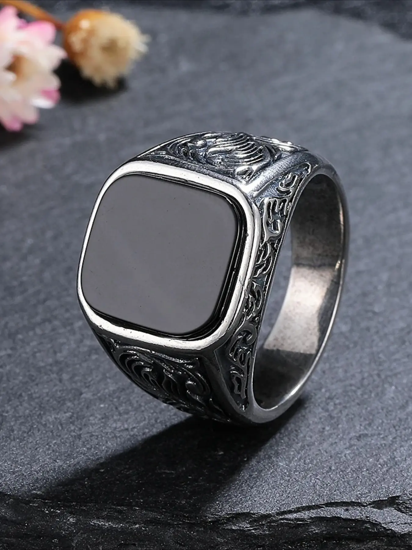 Men‘s Black Onyx Ring, 12x14mm Square Gem Carved Vintage Sterling Silver Band, Bold Gothic Statement Jewelry Gift for Him