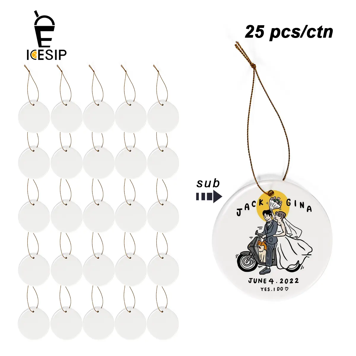 ICESIP Classic 3-Inch Sublimation Round Ceramic Decorative Ornaments (25pcs/Ctn), DIY Sticker-Applicable Contemporary Wall Hanging for Christmas Holiday Room Decor (Home & Festive Party Supplies)