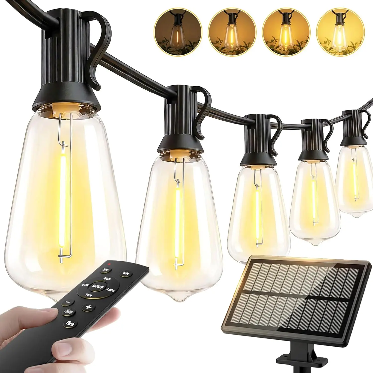 Outdoor waterproof solar string lights, LED Edison bulb string lights with remote control, solar-powered patio/yard/garden/gazebo/balcony/cafe party fence lighting for backyard camping