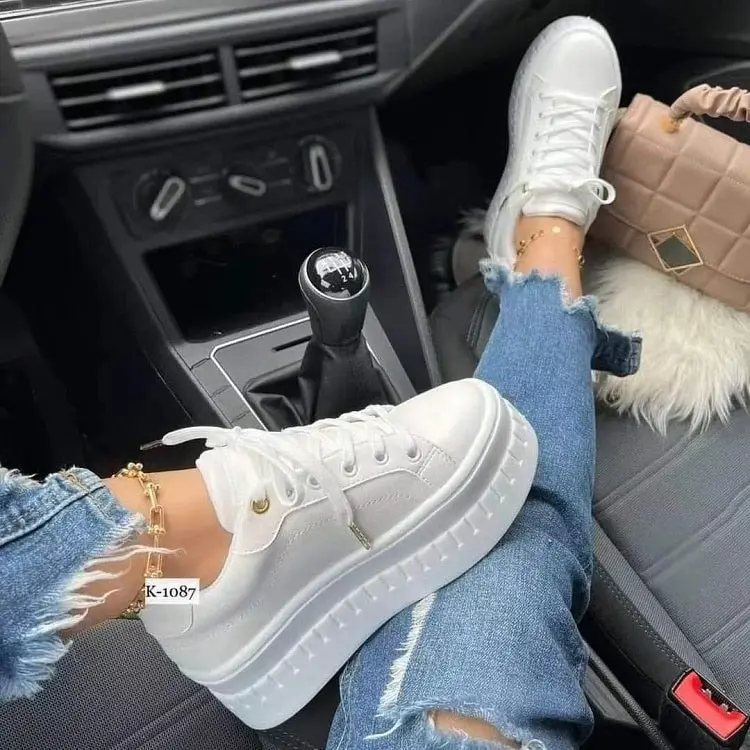 Women's Thick Soled Low Top Lace-Up Casual Platform Trainers - Round Toe, Fits True to Size, Aesthetic Design, Daily Street Shoes, Height-Boosting Sole