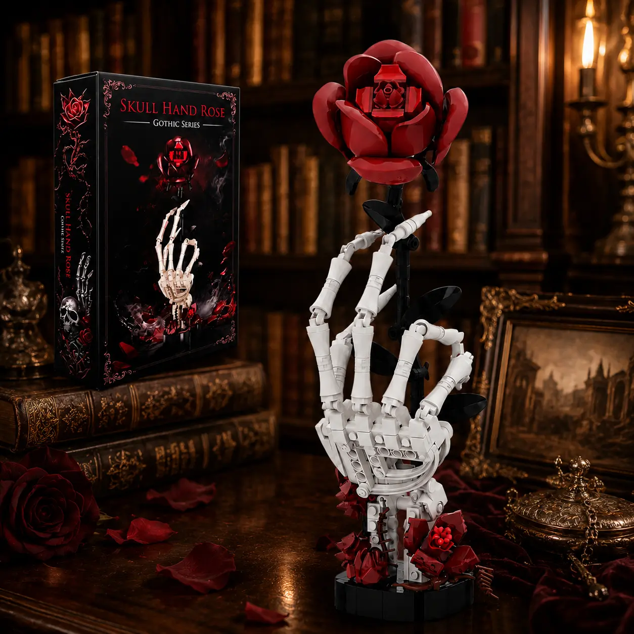 Gothic Rose Skeleton Hand Buildable Blocks Kit - 357-Piece Red Rose Dark Romance Bricks, Articulated Hand, Unisex Desk Decoration, Creative DIY Gift for Gothic Enthusiasts