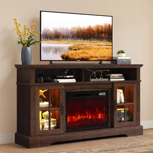 58" Fireplace TV Stand, Modern Entertainment Center for TVs Up to 70", TV Console with Storage Cabinets & Electric Fireplace, Brown Media Console for Living Room