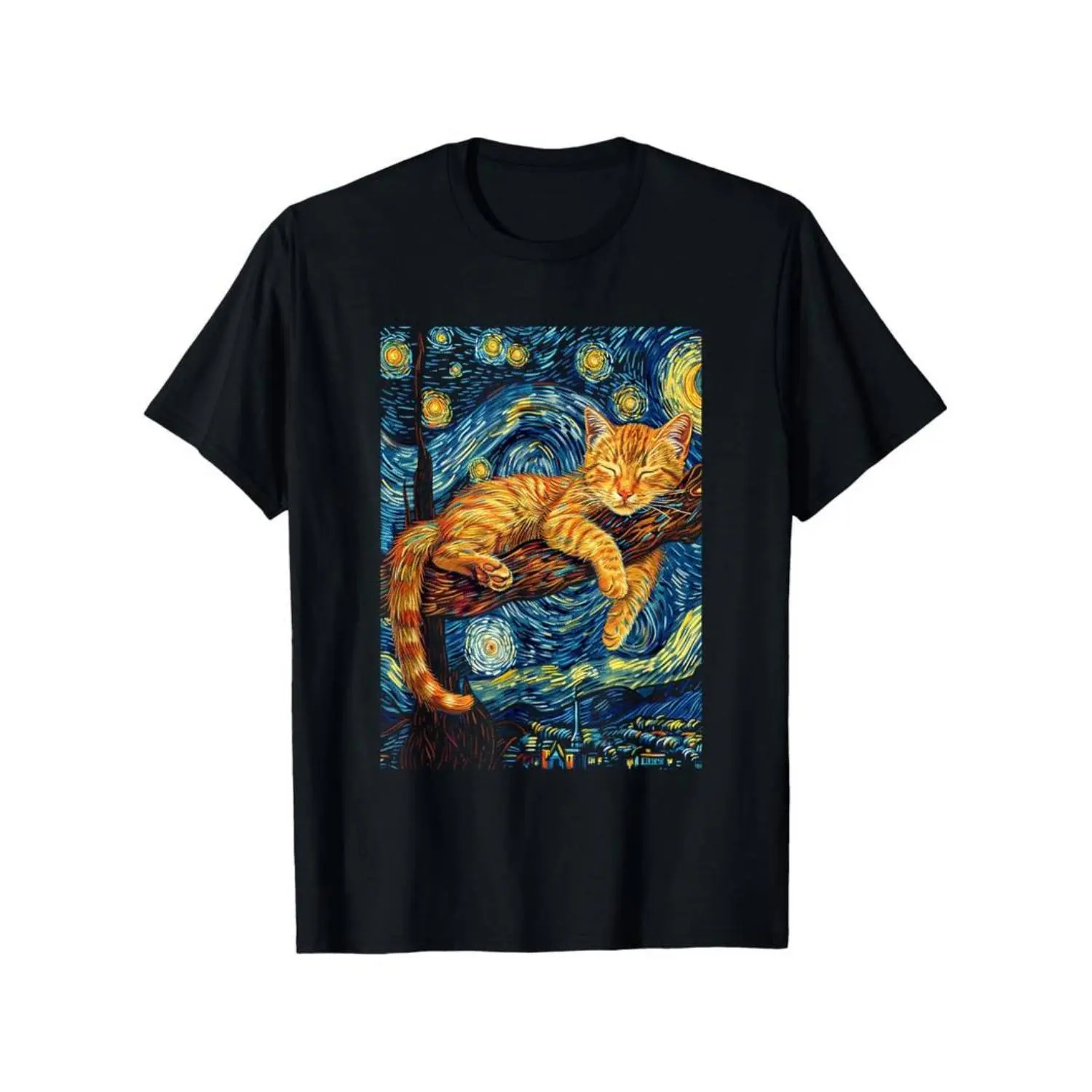 Galaxy Graphic T-shirt for Cat Lovers, Summer Round Neck Shortsleeve Tops, Starry Night Inspired Print, Sizes M-XXL, Tshirt