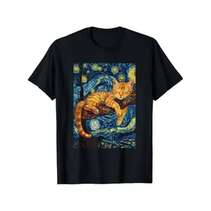 Summer t Shirts Cat Lover's Dream: 100% Cotton T-Shirt with Van Gogh-Inspired Starry Night Cat Print