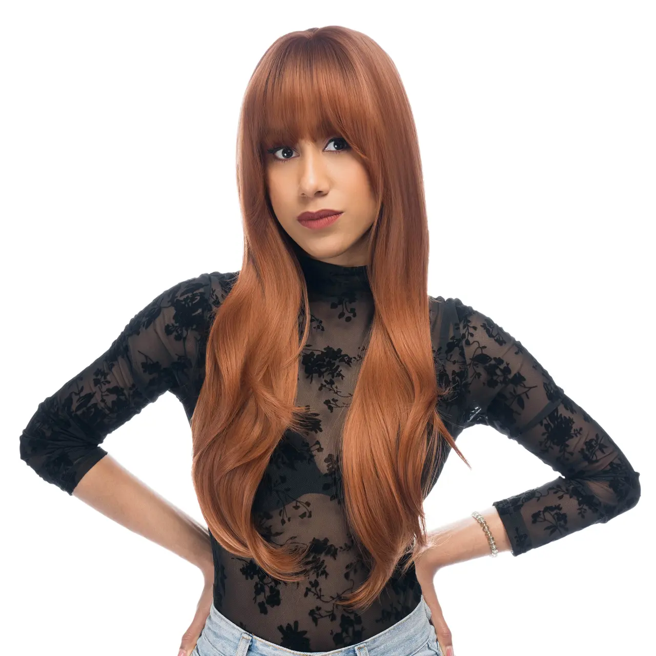26-Inch Gingersnap Copper Straight-Lightly Wavy Synthetic Full Machine Wig, Heat Resistant, Cap Included, #18 41FSGB