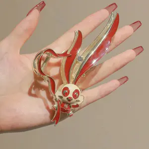 Rabbit Red Ribbon Claw Clip – High-End Chinese Style Hair Accessory for Chic Looks