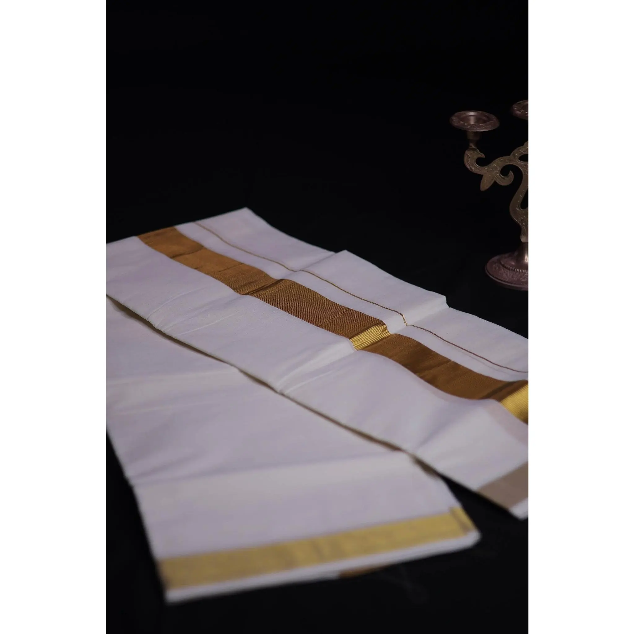 Kerala Cotton Double Dhoti for Men with a Wide Golden Zari Border, Traditional Wear for Special Occasions and Ceremonies - 4m, 4 Meters