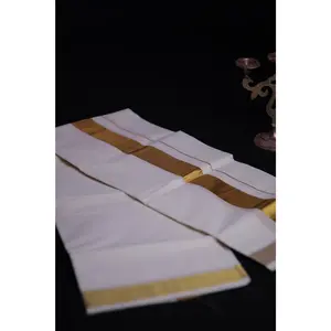 Men's Kerala Cotton Double Dhoti with Golden Zari Border by JCSFashions