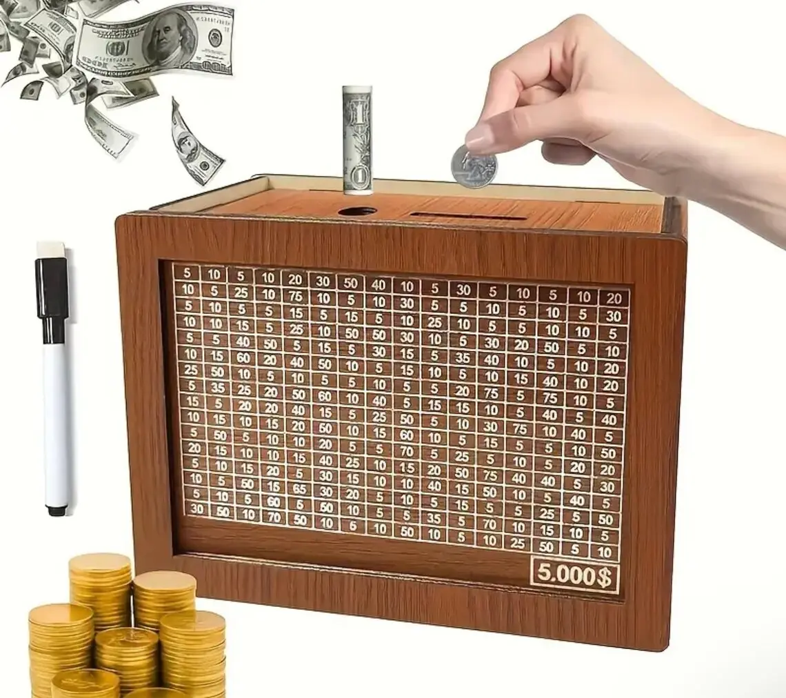 Wooden Money Storage Jar Money Bank - Countdown Savings Box with 10000 Dollars Target Piggy Bank for Kids & Adults 10000 Savings Challenge Coin Bank Box