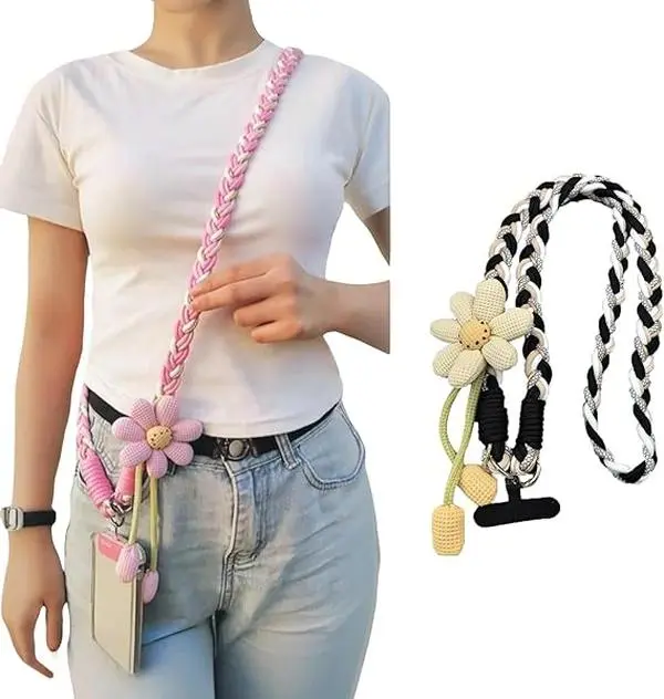 Flower Braided Phone Lanyard Crossbody Strap for Women Universal Adjustable Smartphone Wristband Lanyard with Patch for Bags Camera ID Cards Cellphone Detachable and Portable