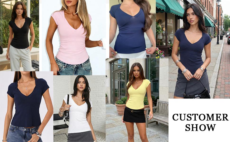 Danysu Tie Back Snatching Tops Padded Sexy VNeck TShirt Cotton Cute Going Out Tee Summer Streetwear Minimalist