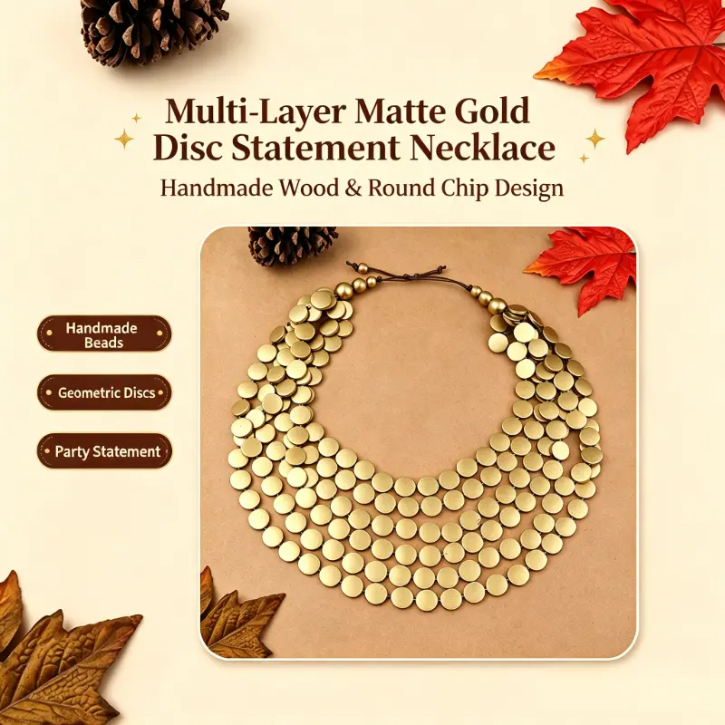 Women's Handmade Multi-Layer Round Disc Wooden Bead Necklace - Necklaces for Women, Bold Statement Long Length Accessory for Evening Party