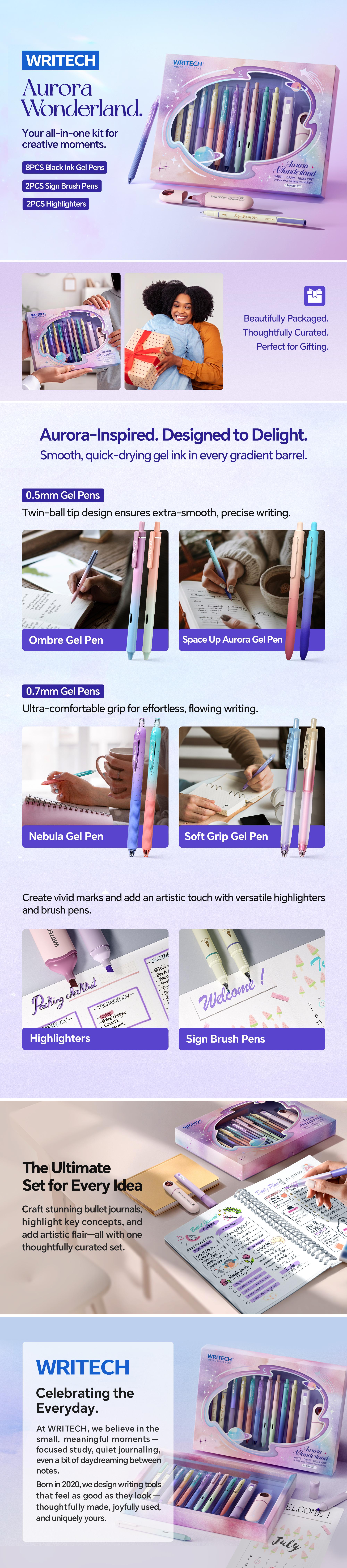 WRITECH Gel Pens Highlighters Journaling: Aurora Wonderland Pen Set, Black Ink Pens Pastel Highlighters Brush Pens, Smooth Writing Drawing No Bleed, Gift for Students,Friends and Family.