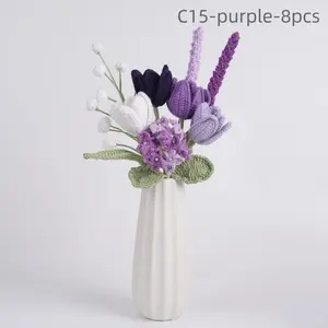 8PCS Crochet Tulip Bouquet, Knitted Lavender, Hydrangea, White Berry, Mixed Bouquet, Valentine's Day Gift for Her