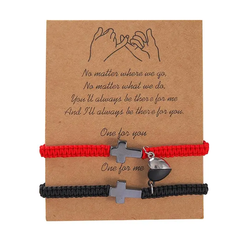 Heart Cross Bracelet Sets for Couples, Handmade Christian Faith Jewelry with Adjustable Braided Rope, Matching Valentine's Day Gift