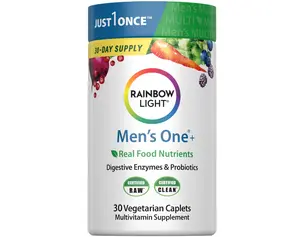 Rainbow Light Mens Multivitamin One + | 30 Caplets | Real Food Nutrients, Digestive Enzymes & Probiotics