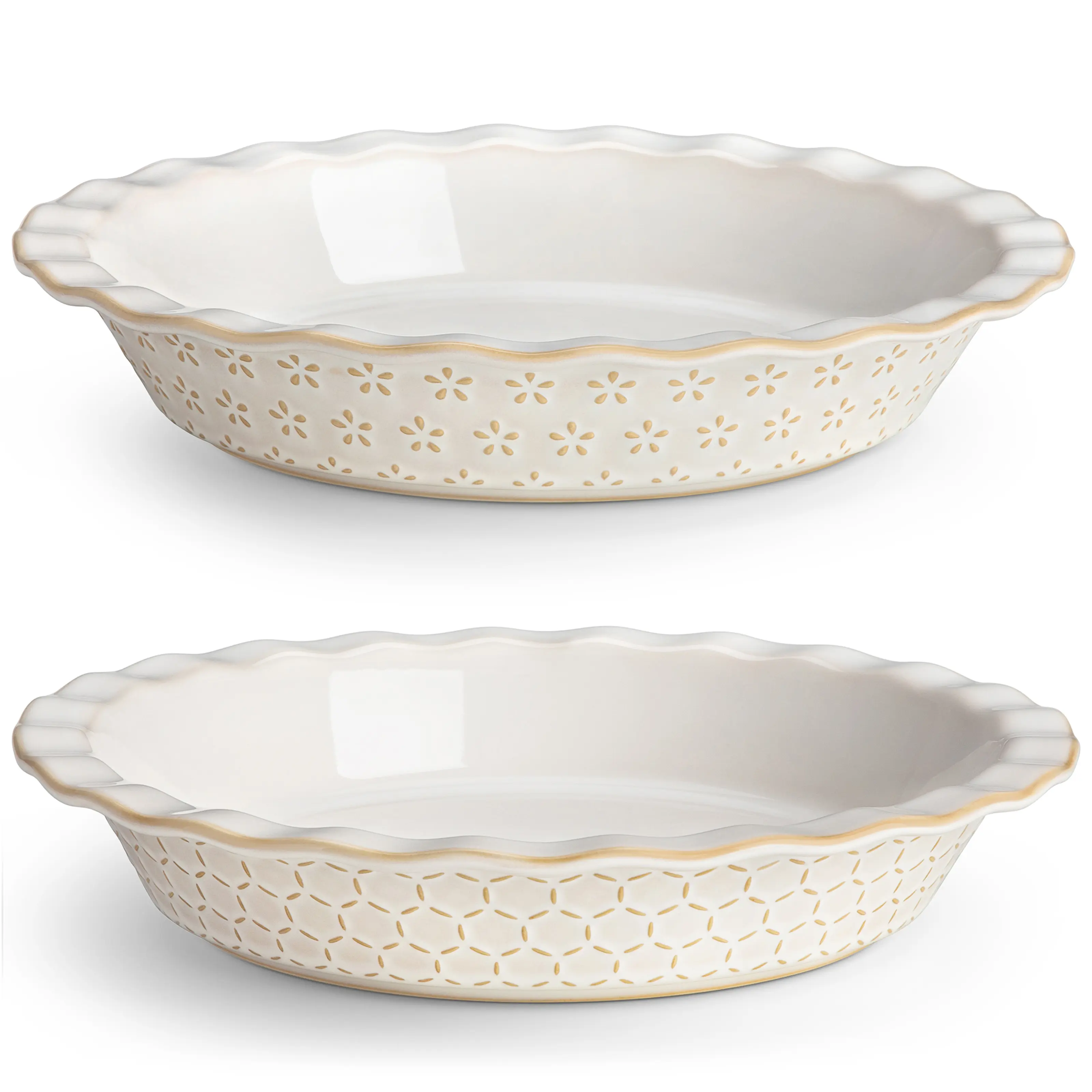 MALACASA Pie Dish for Baking, Stoneware Pie Pan 9 Inch, Vintage Embossed Deep Dish Baking Trays, 45 OZ Round Baking Dish, Fluted Dish Pie Plate, Series LYDIA