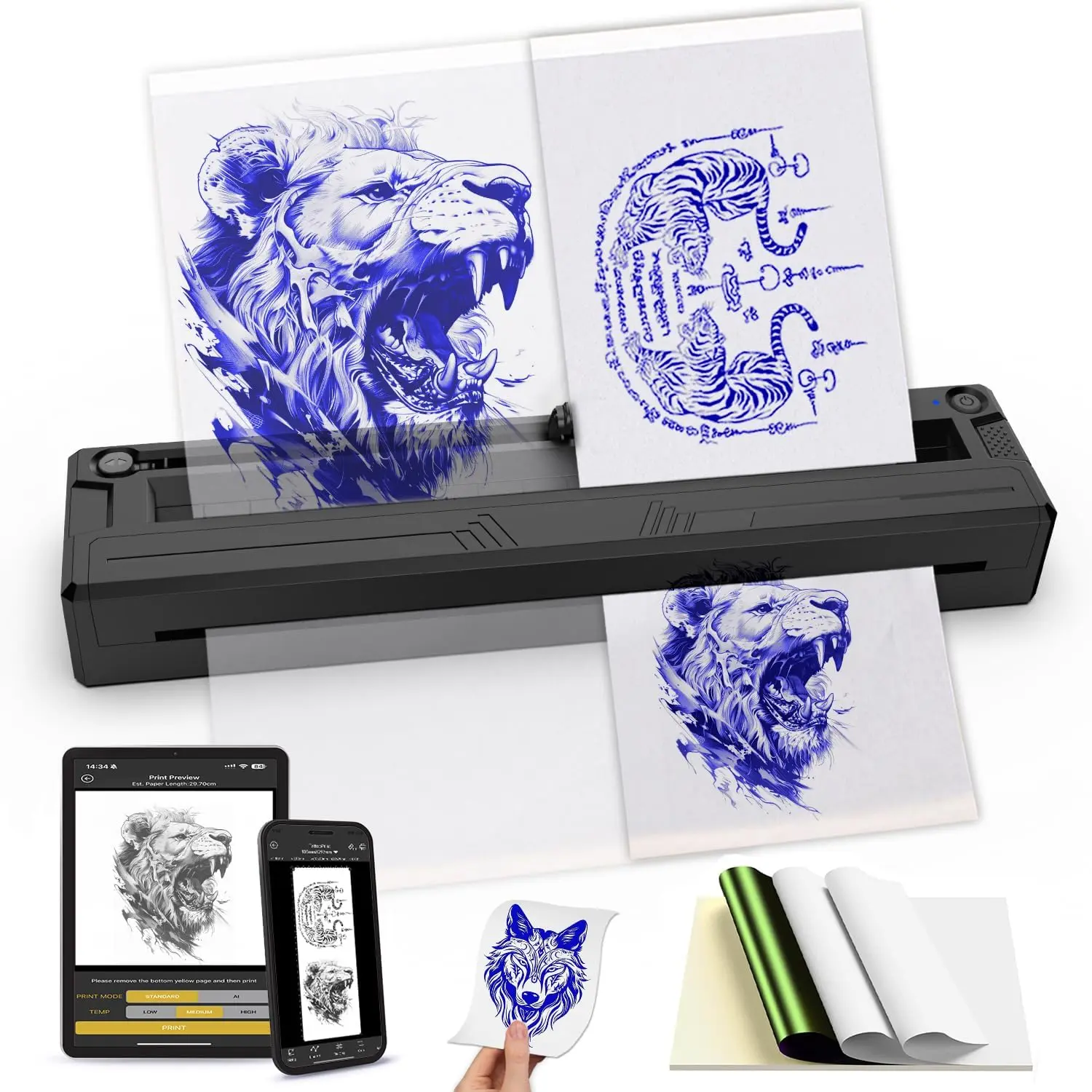 Bluetooth Small Temporary Tattoo Printer - 2-in-1 Stencil & Student Document Tool, Portable Wireless Device for Artists, Includes 6 Letter & A4 Fit Papers, 6pcs Tattoo Transfer Paper, Laptop-Compatible