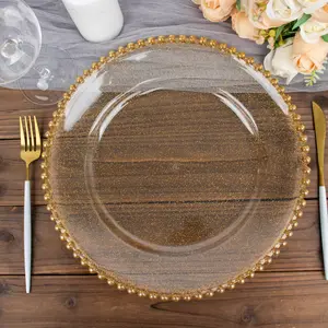 6-Pack Acrylic Charger Plates 13" Round Clear Gold Glittered with Beaded Rim - Decorative Dinner Party Serving Plates