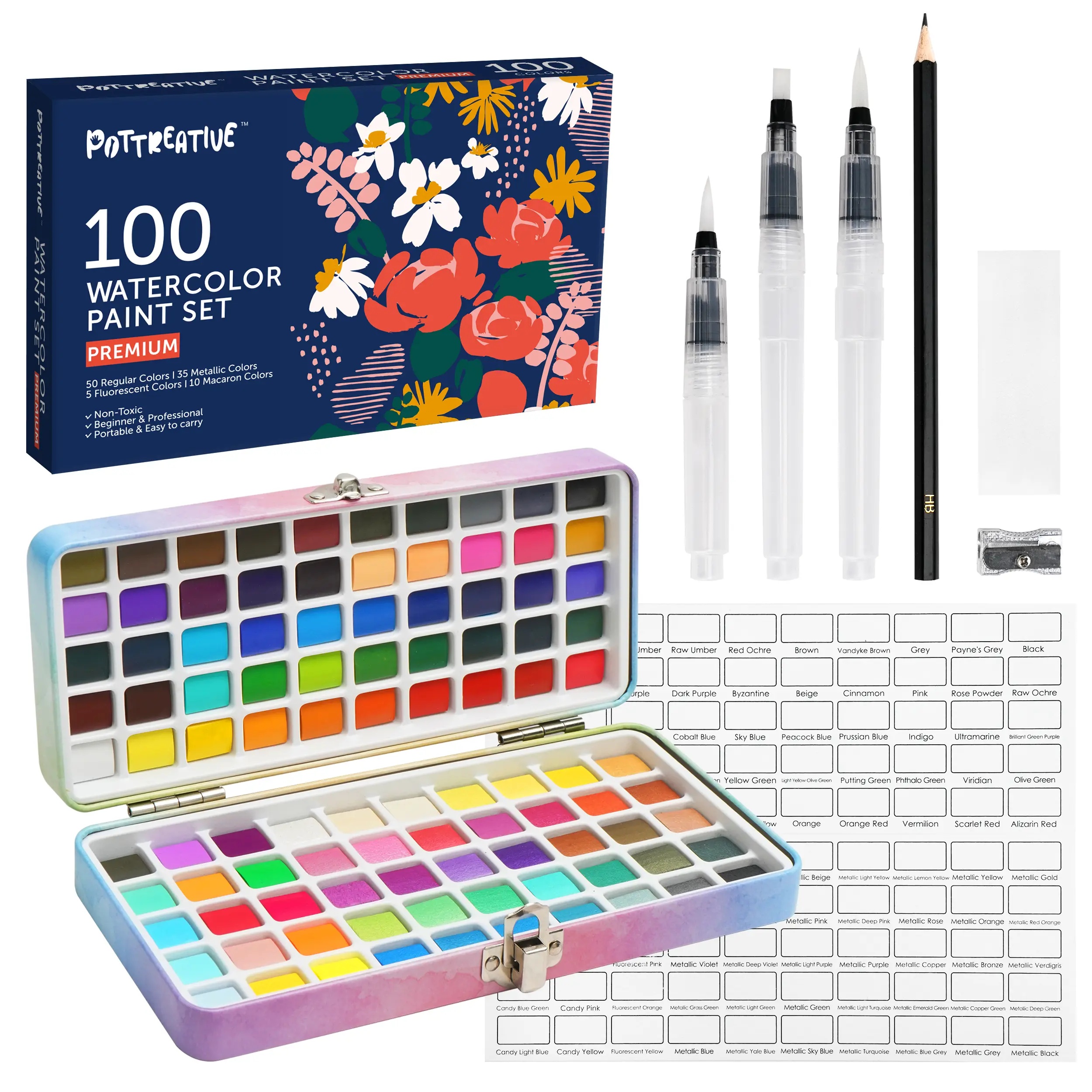 100-Color Solid Watercolor Paint Kit with Portable Travel Case & Brushes - Metallic, Macaron, Fluorescent Unisex Supplies for Anime Art, Canvas Painting - Great Gift for 10-12 Years Art-Loving Kids, Aspiring Painters