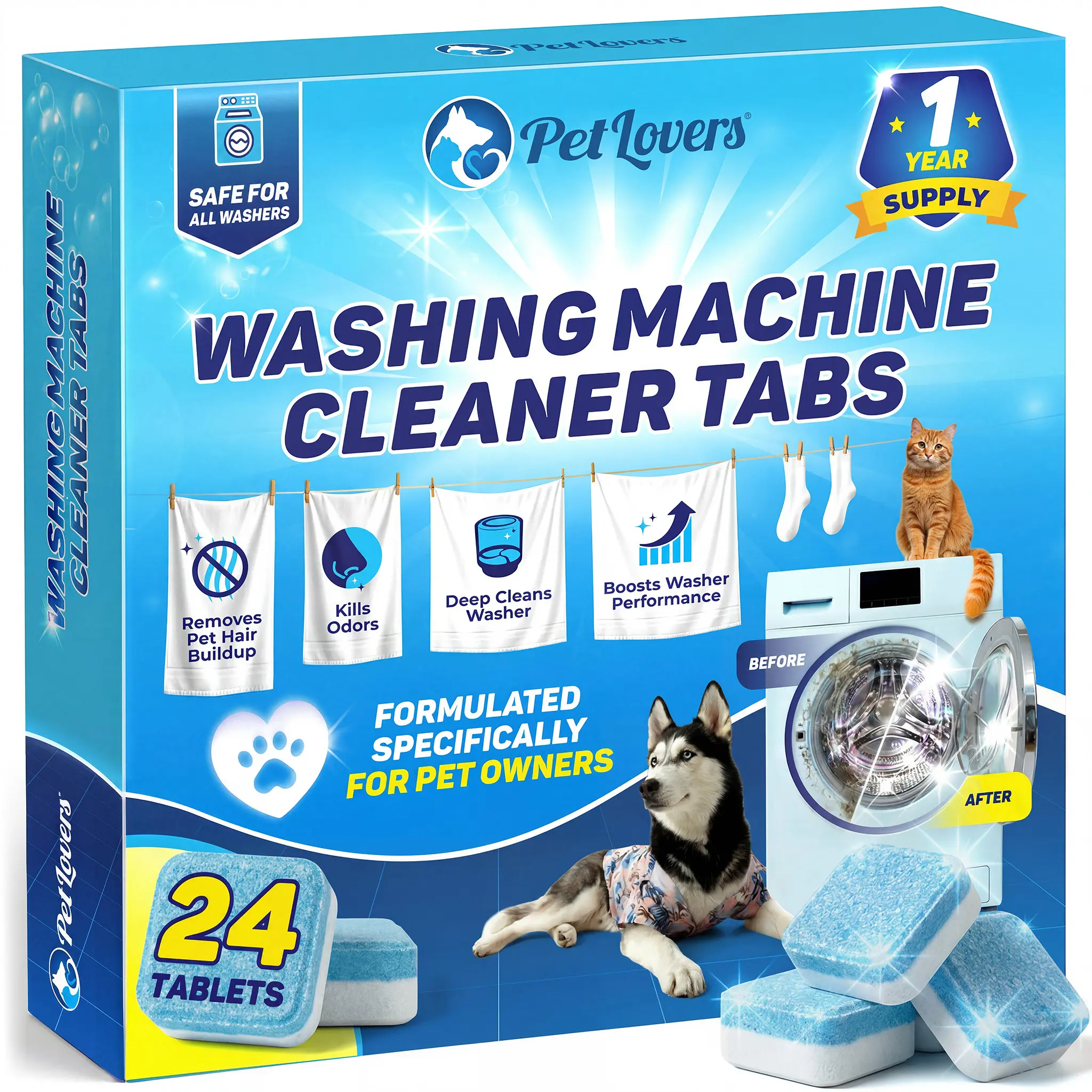 PetLovers Washing Machine Cleaner Tablets - Household Wash Supplies, High Efficiency Front/Top Load Washer Deep Cleaner, Odor Control, Pet Hair Buildup Remover, 24 Pack (12 Months Supply)