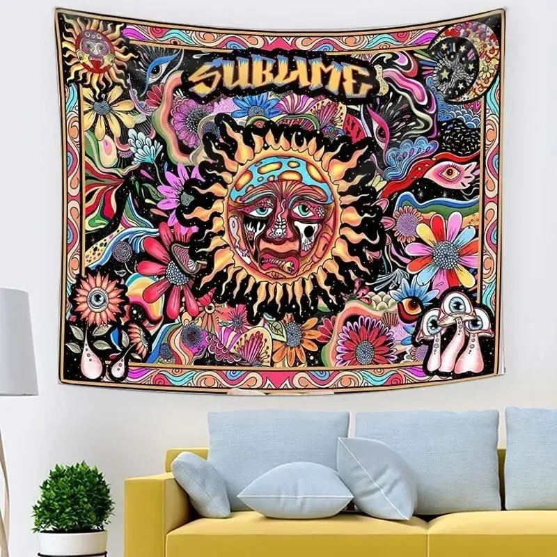 Psychedelic Tarot Trippy Sublime Sun Tapestry - 60in x 40in Light Peach Skin Velvet Wall Hanging with Mandala Flower Pattern, Whimsical House Decor, Trippy Room Decor for Bedroom, Chill Room Accessories Gift