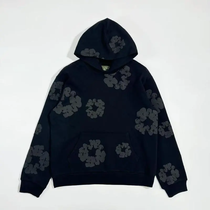 Floral Denim Hoody Trs Flower Pullover Hip Hop Unisex Streetwear Top Comf Casual Basic Long Sleeve Outfits ALL Black SpringFloral Floral