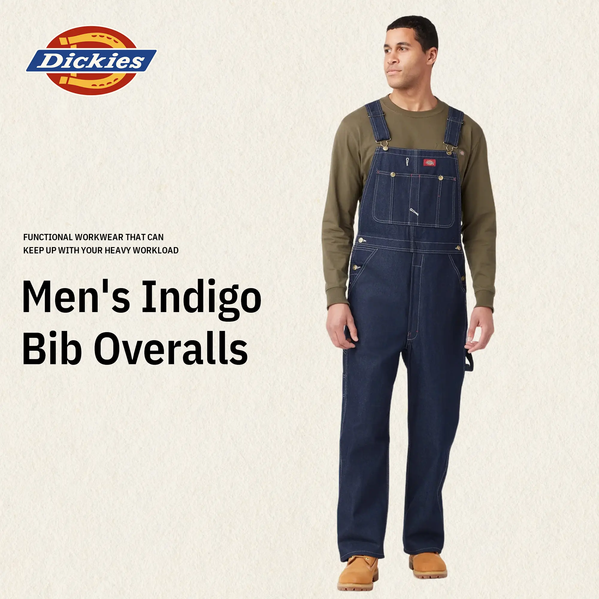 Dickies Indigo Bib Overalls, Men's Overalls Workwear,100% Cotton,Multiple Pockets,With Hammer Loop for Tools
