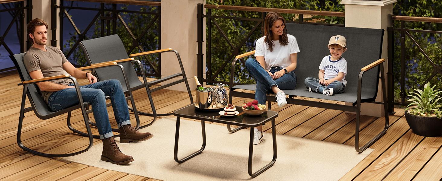Gizoon 4-Piece Patio Furniture Set, Textilene Outdoor Conversation Set with 2 Rocking Chairs and Tempered Glass Coffee Table, for Lawn, Garden, Balcony, Poolside (Black)