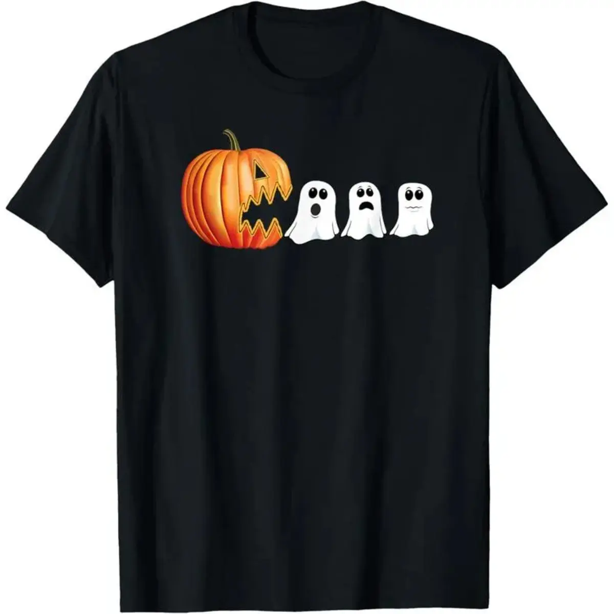 Men's Short Sleeve Funny Halloween Pumpkin Ghosts Jack o' Lantern T-Shirt - Casual Black Streetwear Top, Denim-Style Shoe Coordination Tshirt, Basic, Print, Menswear, Round Neck
