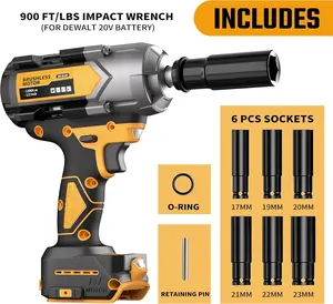 1200N.m Impact Wrench for DeWalt 20V Battery (no battery), 20V 1/2” Cordless Impact Gun, 900Ft-lbs Electric Impact Driver with 3-Speed Control, 6 Pcs Impact Sockets Included, Tool Only