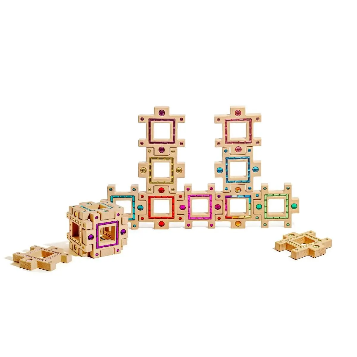 Maison Rue Busy Blocks - 16-Piece Eco-Friendly Wood Set with Gemstone Inlays for Creative Play & Fine Motor Skills Development for Ages 3+