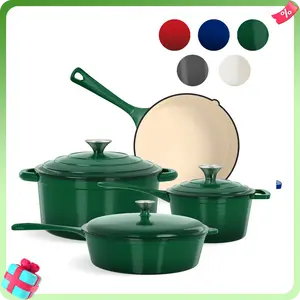 PHIVILLA Green Enamel Cast Iron 7 Piece Cookware Set, Dutch Oven Pot with Lid, Red Non Stick Pots and Pans set, Oven Safe up to 500°F Cooking