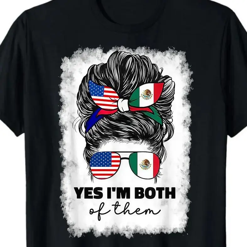 Women's T-Shirt with Half Mexican Half American Flag Graphic, Casual Crew Neck Streetwear Top, Soft Short Sleeve Poly Blend, Shortsleeve, Round Neck, Tshirt, Graphic Art, Tops, Machine Wash, Flag Theme Womenswear Crewneck, Crisp Print, Party, Short Sleeve
