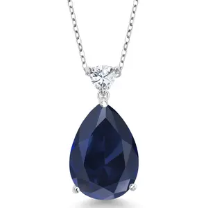 Gem Stone King 9-13 Cttw Gemstone Birthstone and White Moissanite Teardrop Pendant Necklace for Women | 925 Sterling Silver | 18X13MM Pear Center with 5MM Trillion Accent | 18-Inch Cable Chain