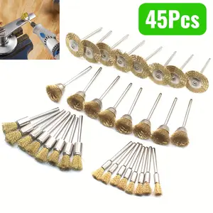 45Pcs Brass Wire Brushes Set - Stainless Steel Wheel Brushes Rotary Tool Kit for 3mm Shank,Rust Removal Tool Kit,For Dremel Rotary Drills,Polishing,Deburring