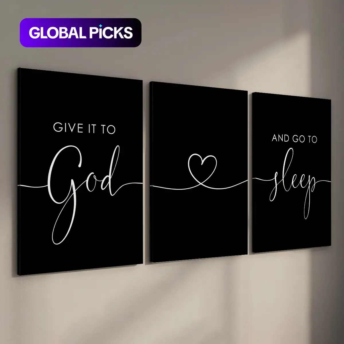 Wood Framed Canvas Wall Art, 3 Counts/set Give It To God and Go To Sleep Letter Pattern Quotes Print Wall Decor, Wall Art for Home Living Room Bedroom Office Gallery, Ornaments