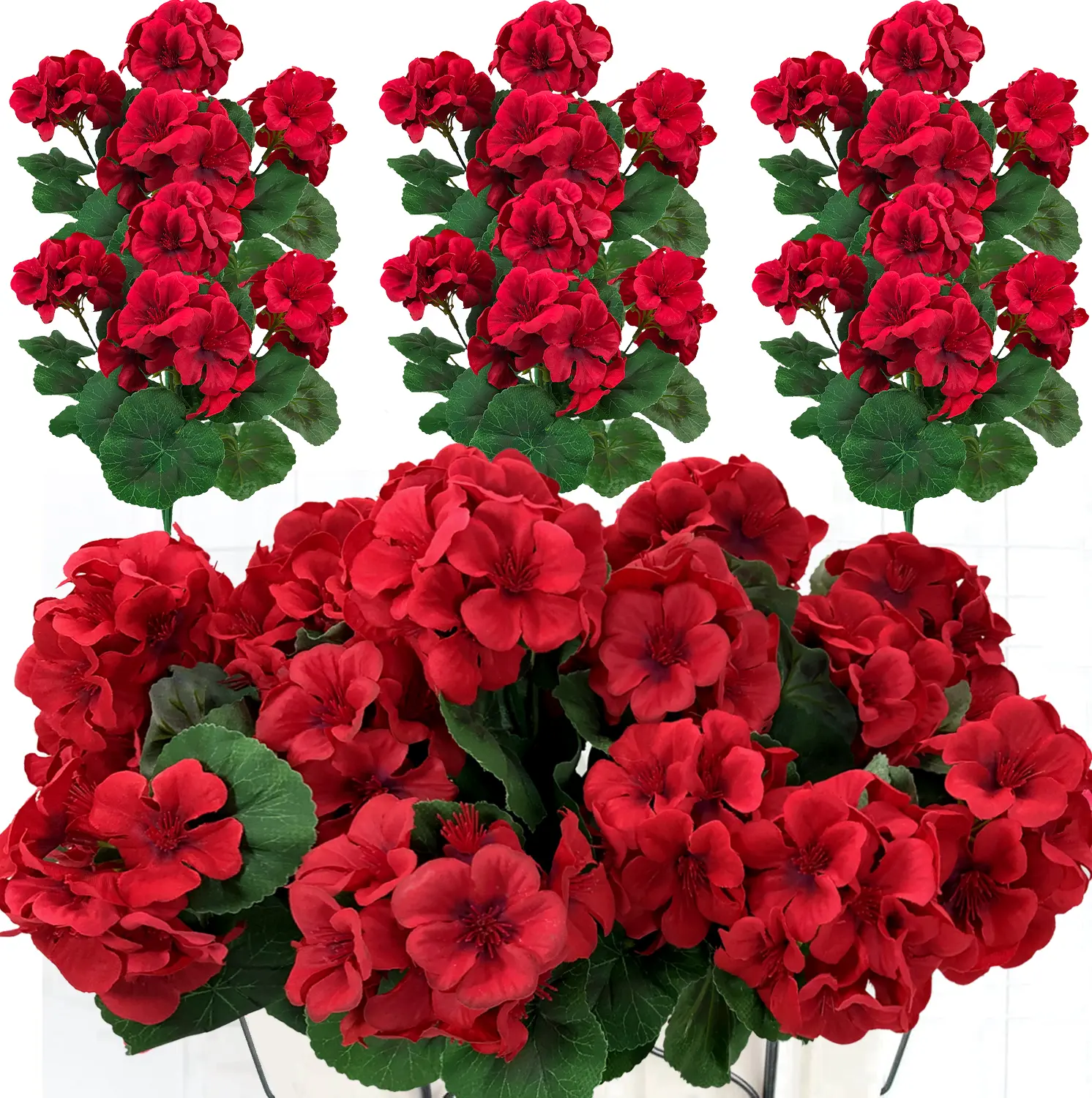 8 Bundles Red Artificial Geraniums 13.77 Inches UV Resistant Plastic Fake Flowers for Outdoor Hanging Planters Porch Window Indoor Home Decor Decorative