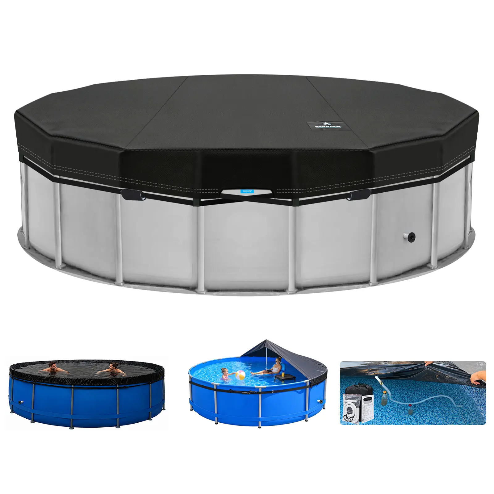 SIHAIAN Dual-Rope Round Pool Cover, Built-in Automatic Drainage Device for Above Ground Pools, HalfOpen Design and Foldable Pool Cover, Easy OnePerson Install & Remove Winter Pool Cover